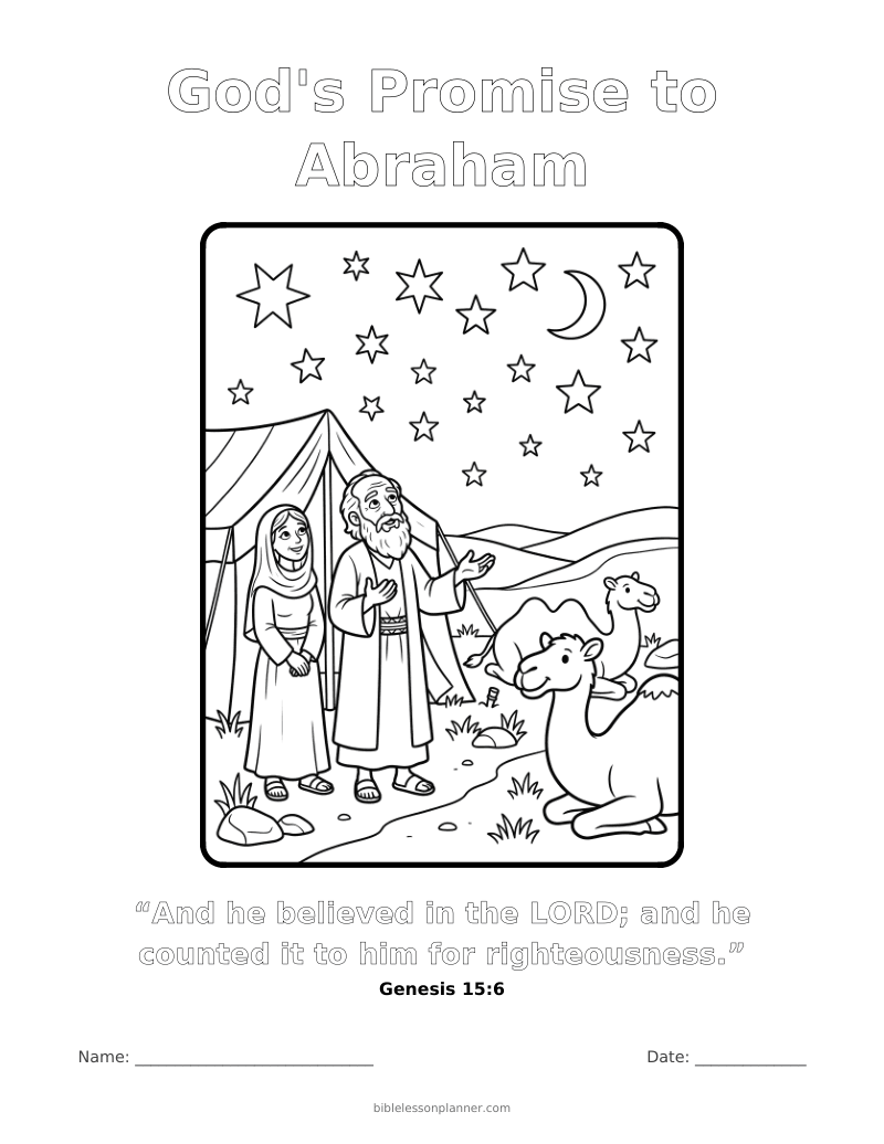 God's Promise to Abraham coloring page to print, with the memory verse Genesis 15:6