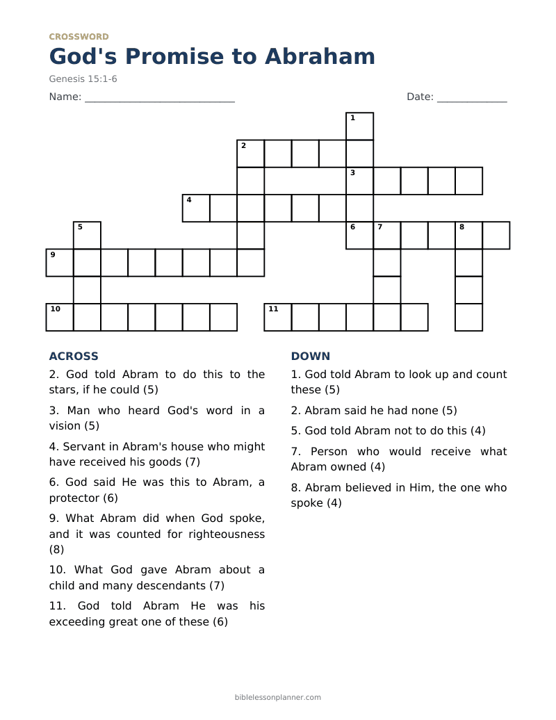 God's Promise to Abraham Bible crossword puzzle to print, with across and down clues