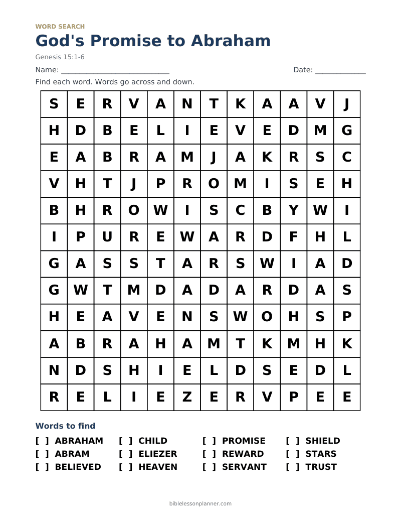 God's Promise to Abraham Bible word search to print, with words like ABRAHAM, ABRAM, BELIEVED and more
