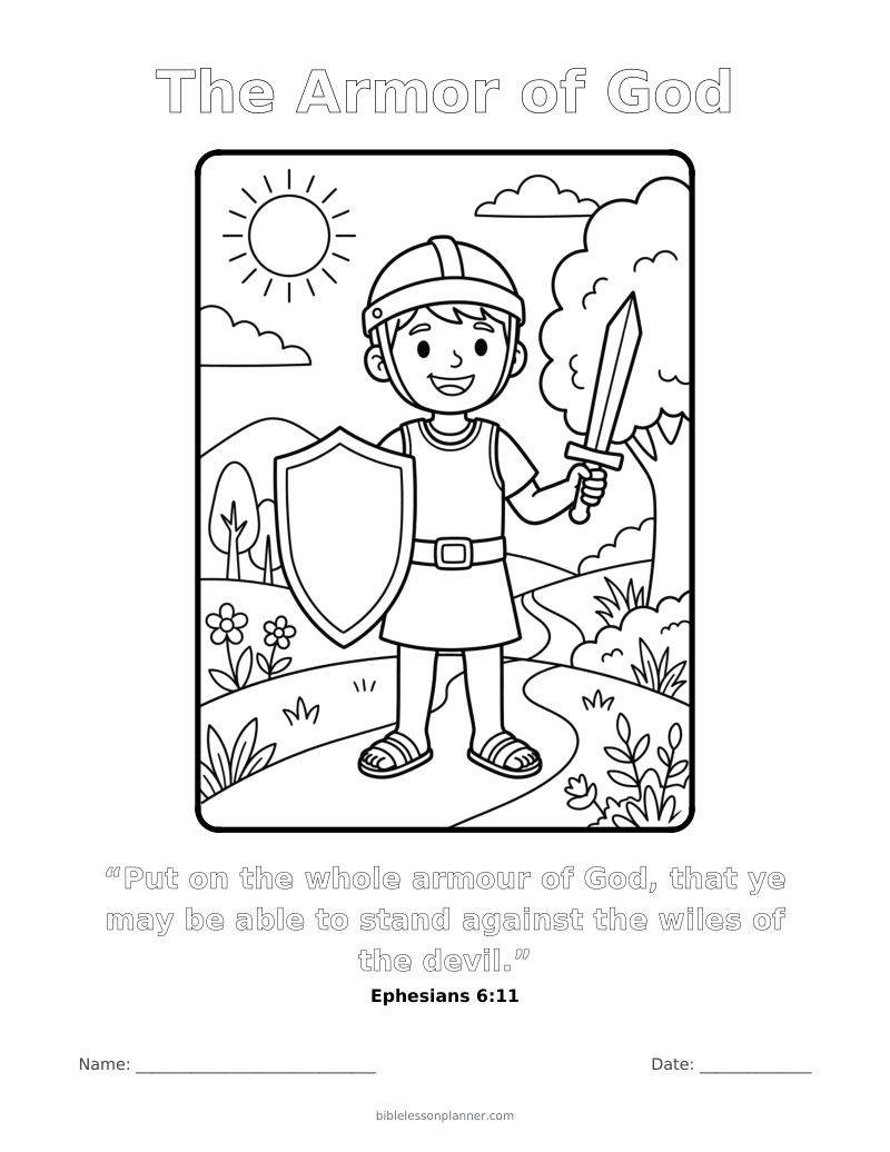 The Armor of God coloring page to print, with the memory verse Ephesians 6:11
