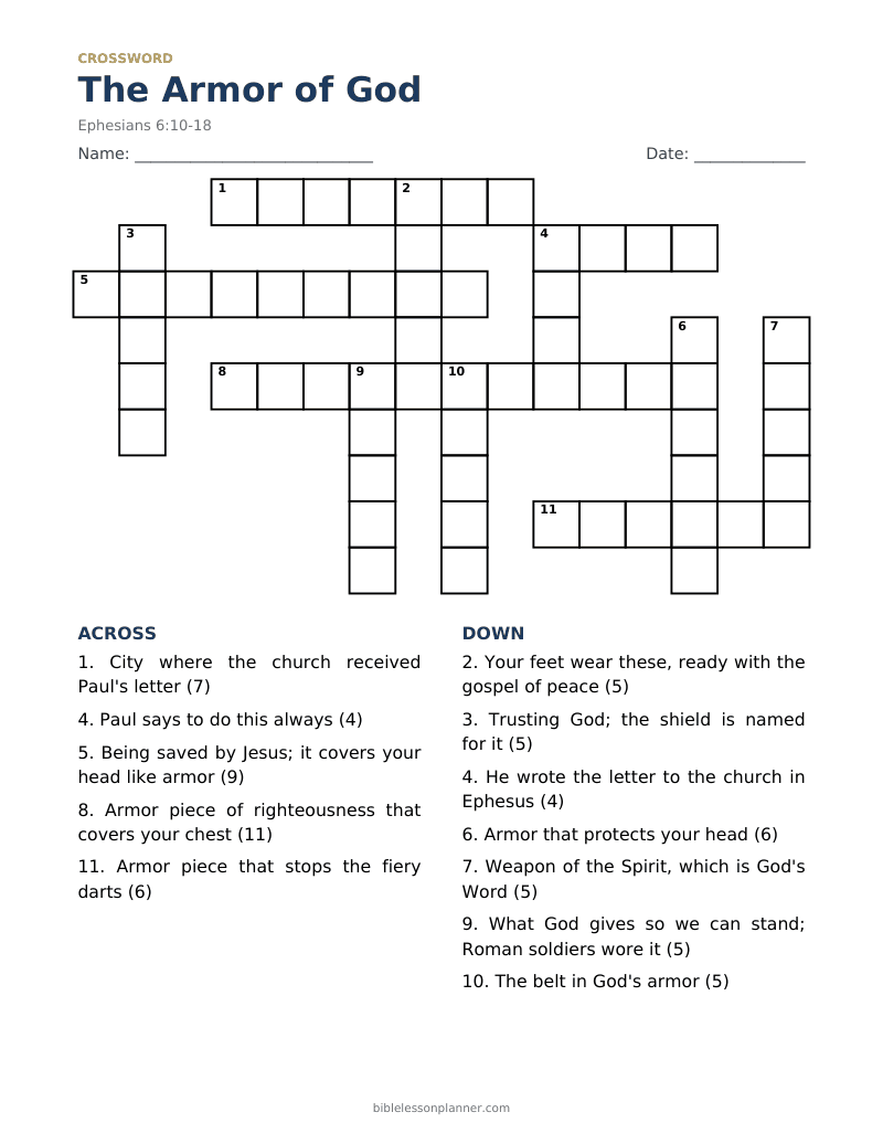 The Armor of God Bible crossword puzzle to print, with across and down clues