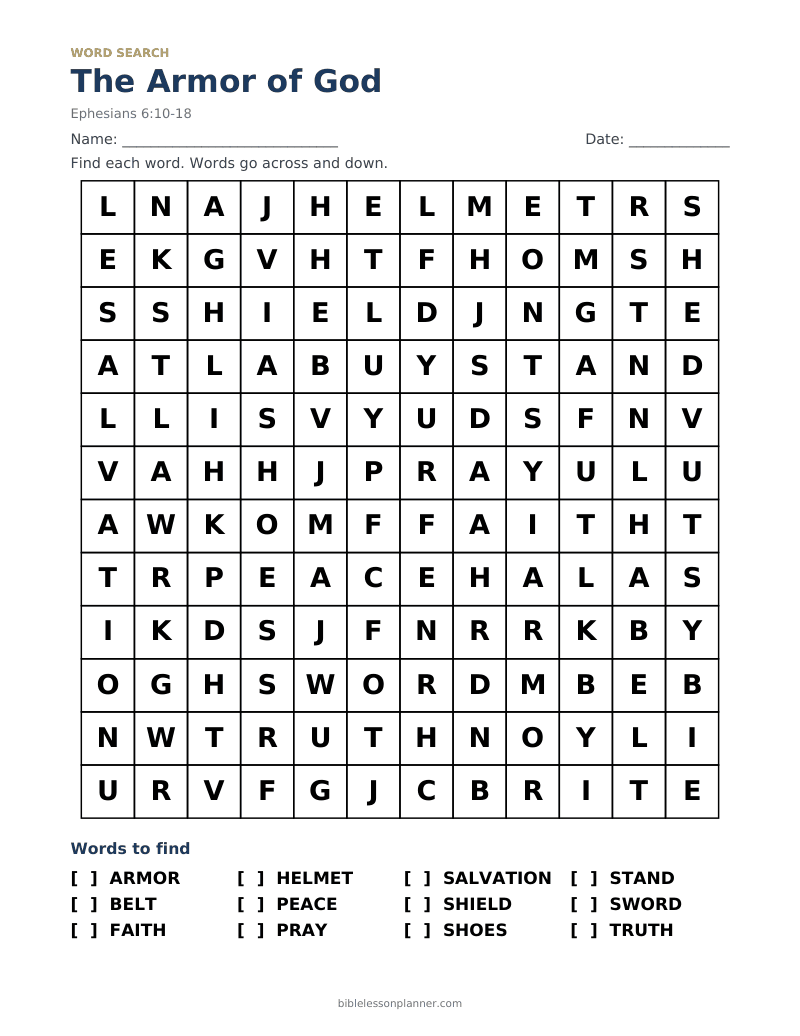 The Armor of God Bible word search to print, with words like ARMOR, BELT, FAITH and more
