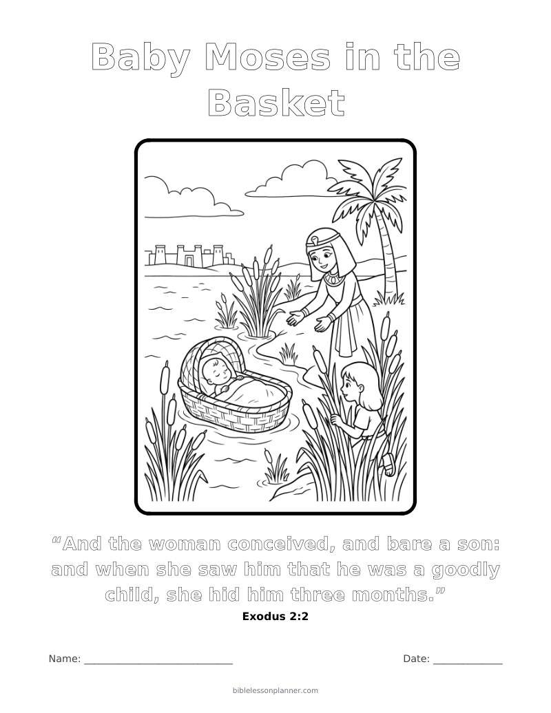 Baby Moses in the Basket coloring page to print, with the memory verse Exodus 2:2