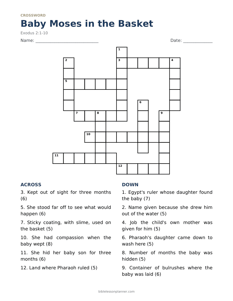 Baby Moses in the Basket Bible crossword puzzle to print, with across and down clues