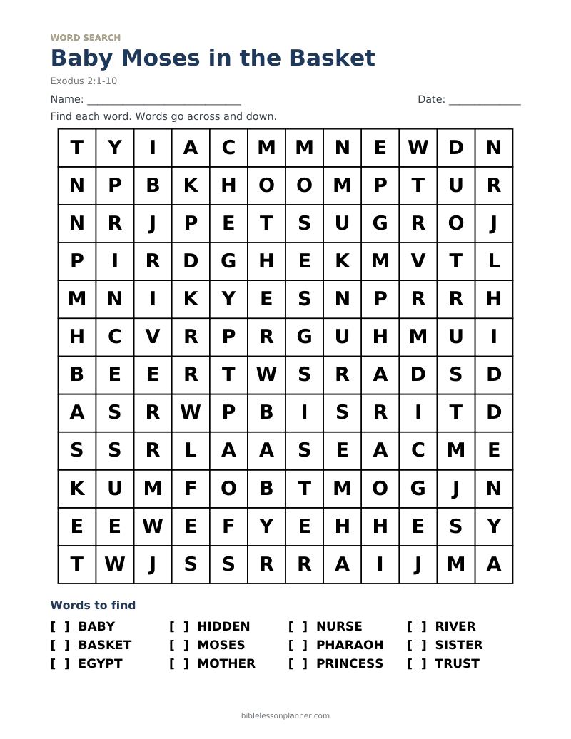 Baby Moses in the Basket Bible word search to print, with words like BABY, BASKET, EGYPT and more