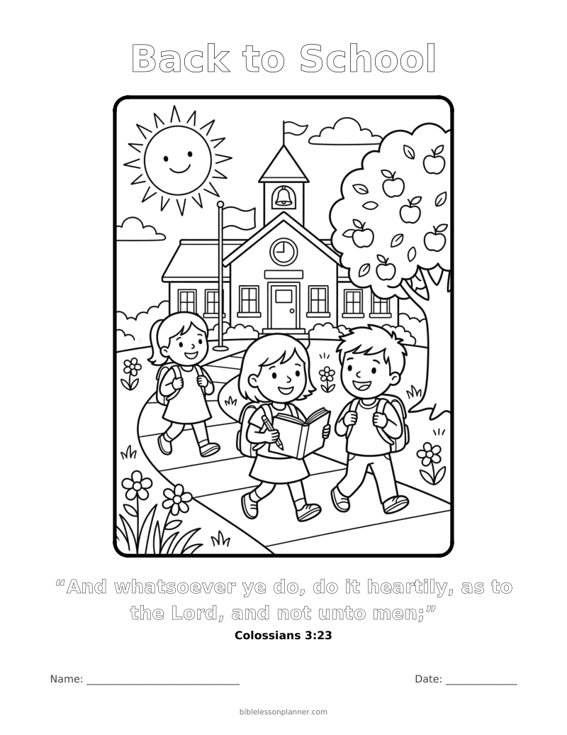 Back to School coloring page to print, with the memory verse Colossians 3:23