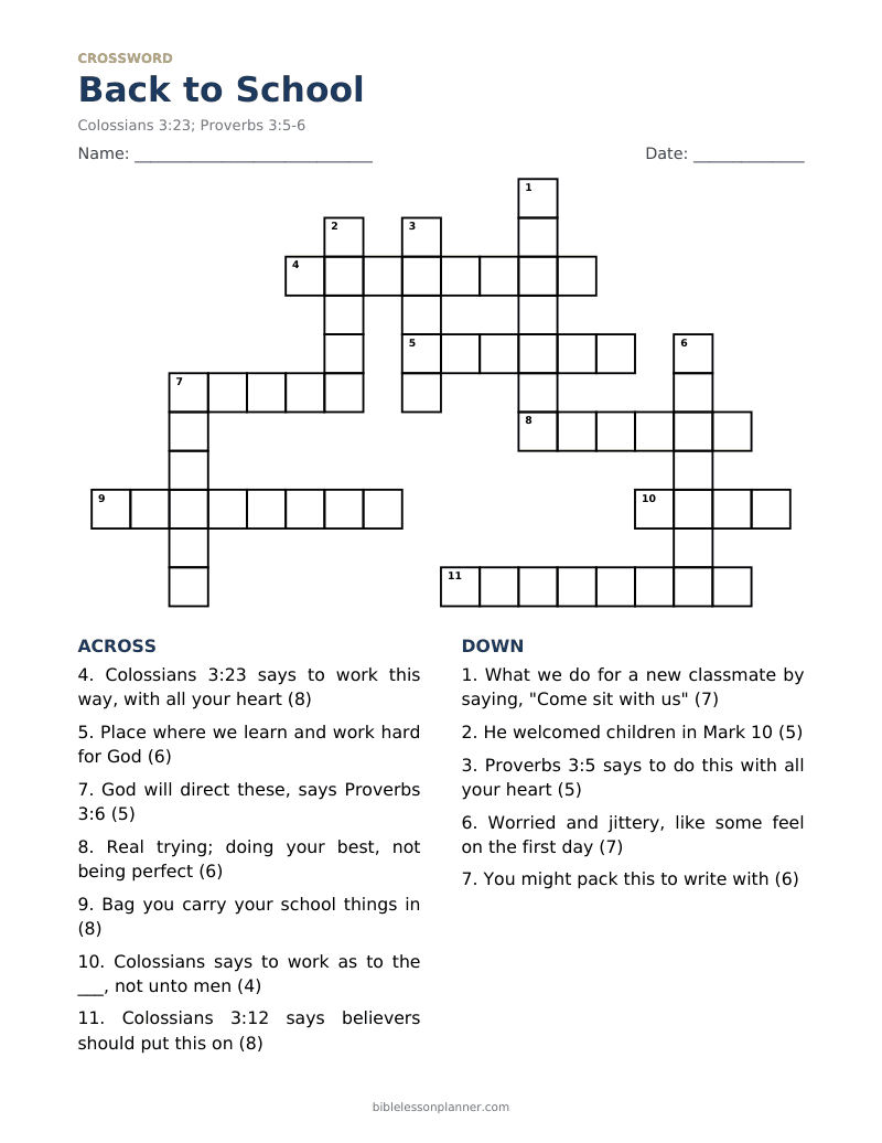 Back to School Bible crossword puzzle to print, with across and down clues