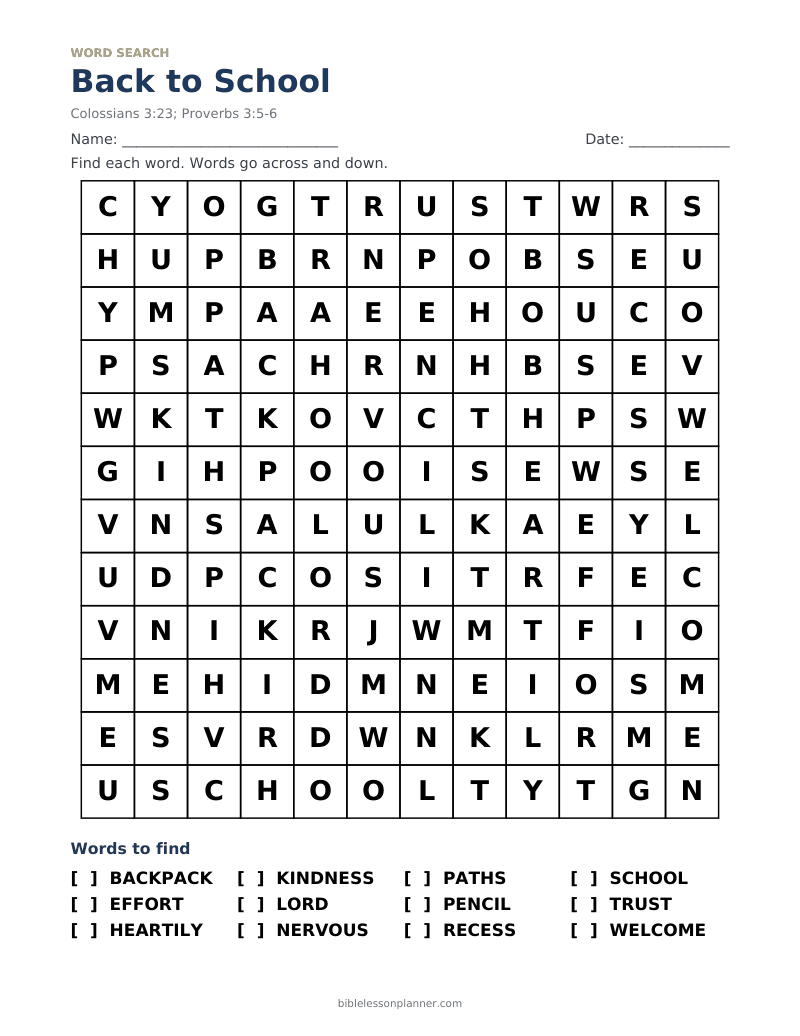 Back to School Bible word search to print, with words like BACKPACK, EFFORT, HEARTILY and more