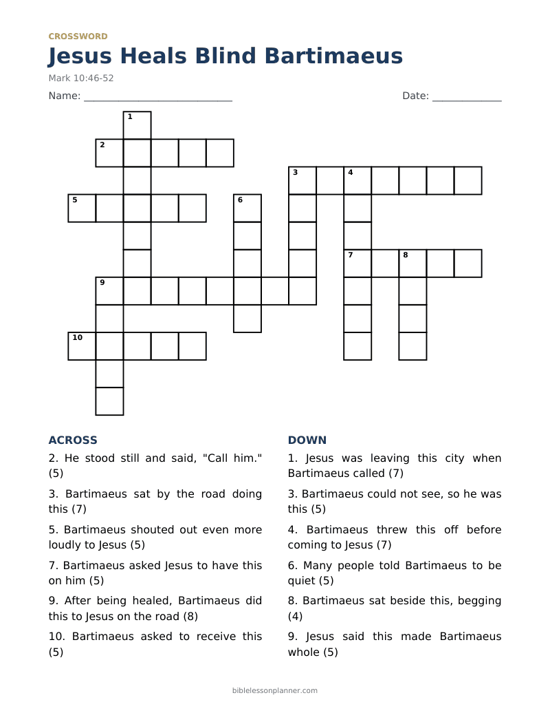 Jesus Heals Blind Bartimaeus Bible crossword puzzle to print, with across and down clues