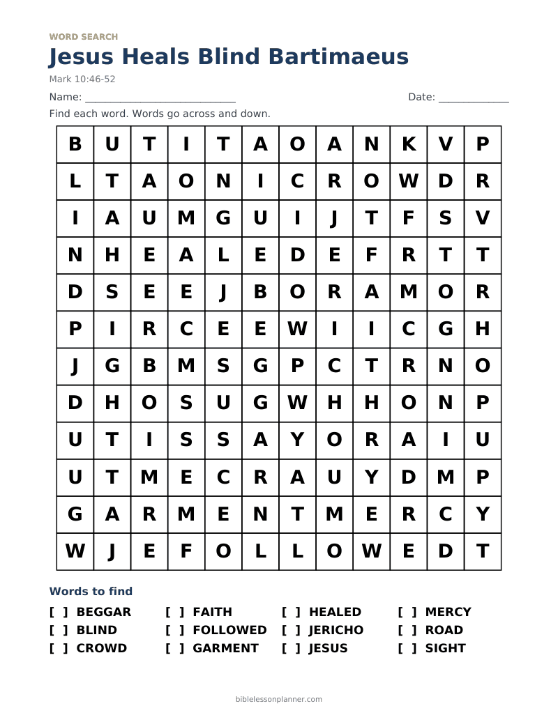 Jesus Heals Blind Bartimaeus Bible word search to print, with words like BEGGAR, BLIND, CROWD and more
