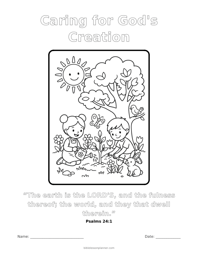 Caring for God's Creation coloring page to print, with the memory verse Psalms 24:1
