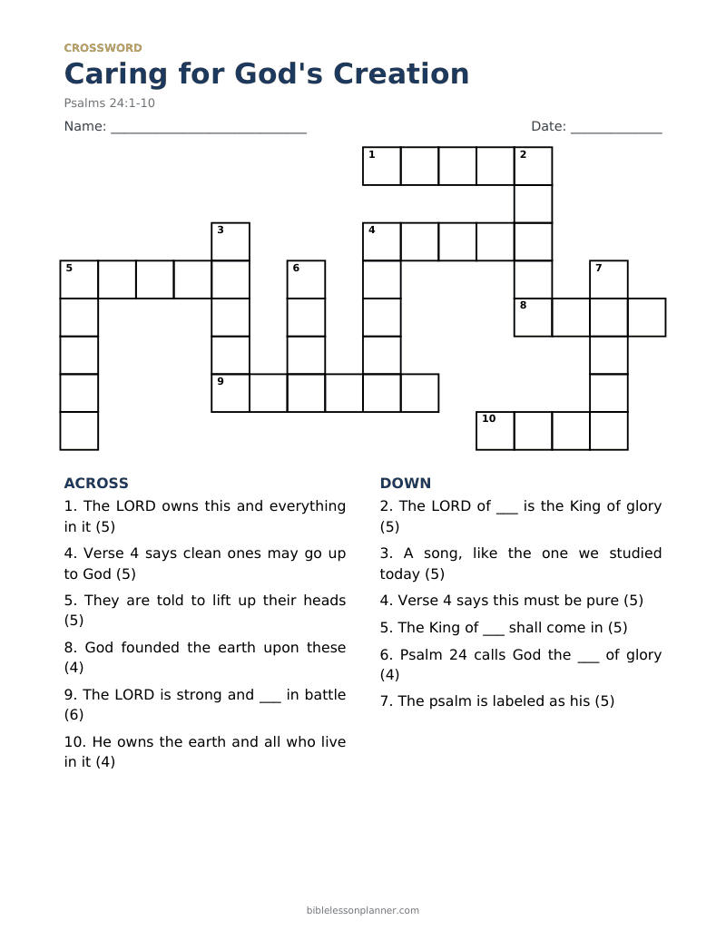 Caring for God's Creation Bible crossword puzzle to print, with across and down clues