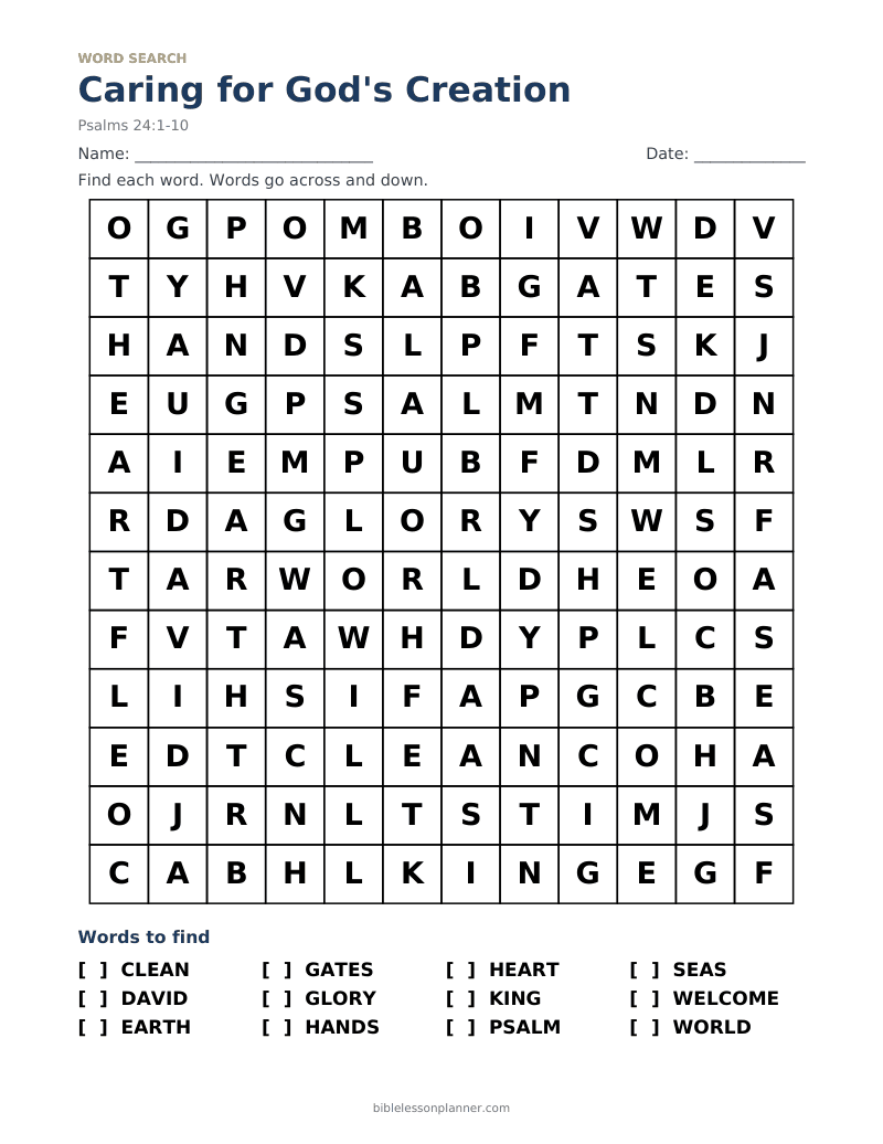 Caring for God's Creation Bible word search to print, with words like CLEAN, DAVID, EARTH and more