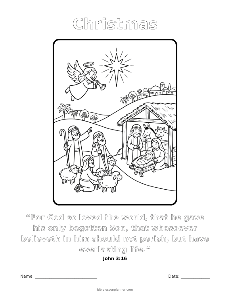 Christmas coloring page to print, with the memory verse John 3:16