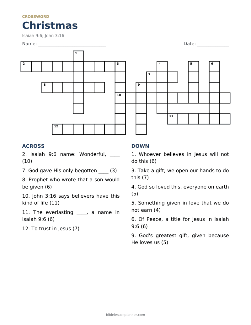 Christmas Bible crossword puzzle to print, with across and down clues