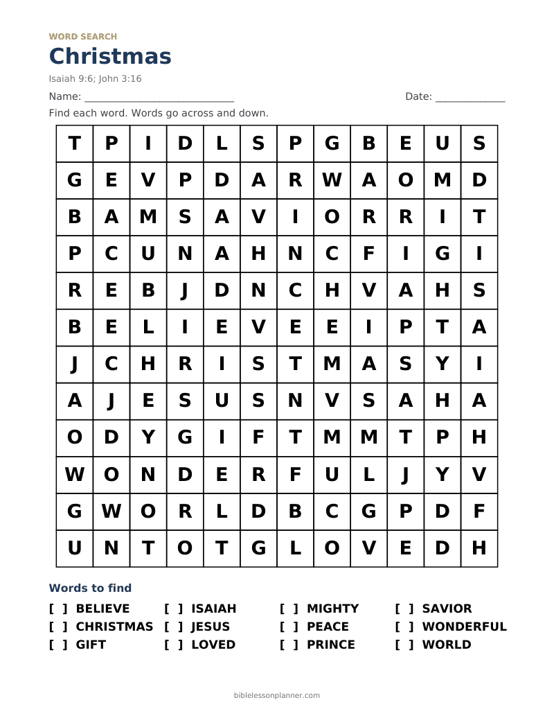 Christmas Bible word search to print, with words like BELIEVE, CHRISTMAS, GIFT and more