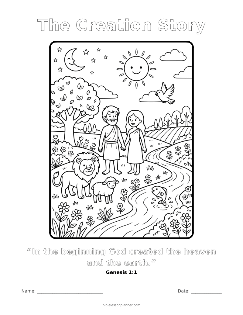 The Creation Story coloring page to print, with the memory verse Genesis 1:1