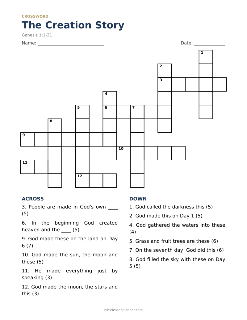 The Creation Story Bible crossword puzzle to print, with across and down clues