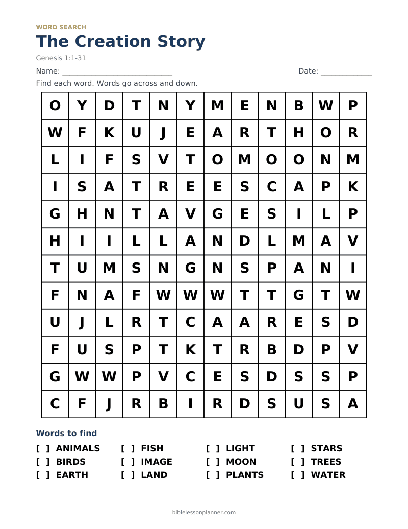 The Creation Story Bible word search to print, with words like ANIMALS, BIRDS, EARTH and more