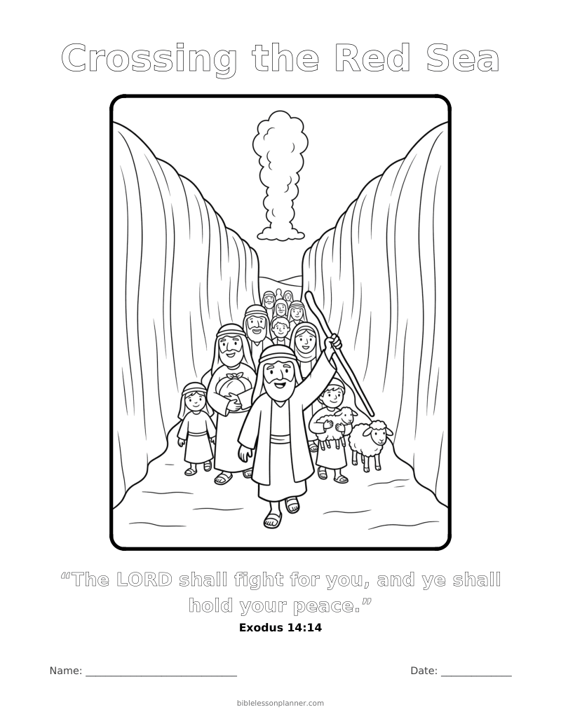 Crossing the Red Sea coloring page to print, with the memory verse Exodus 14:14