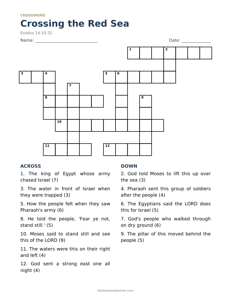 Crossing the Red Sea Bible crossword puzzle to print, with across and down clues