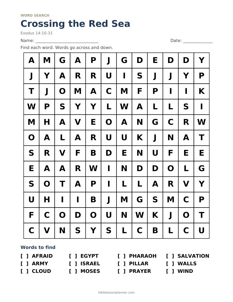 Crossing the Red Sea Bible word search to print, with words like AFRAID, ARMY, CLOUD and more