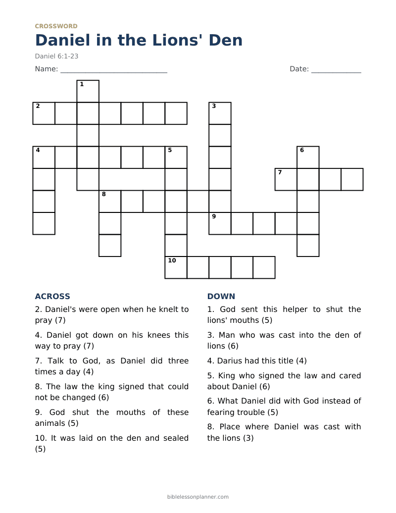 Daniel in the Lions' Den Bible crossword puzzle to print, with across and down clues