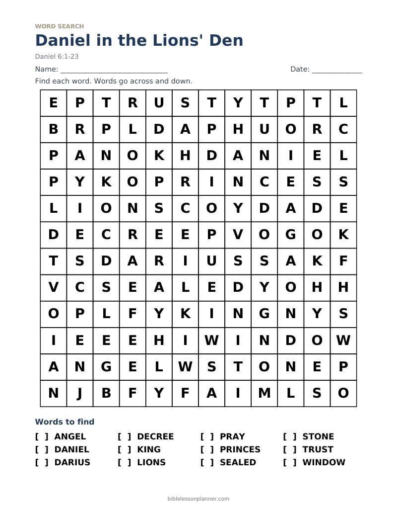 Daniel in the Lions' Den Bible word search to print, with words like ANGEL, DANIEL, DARIUS and more