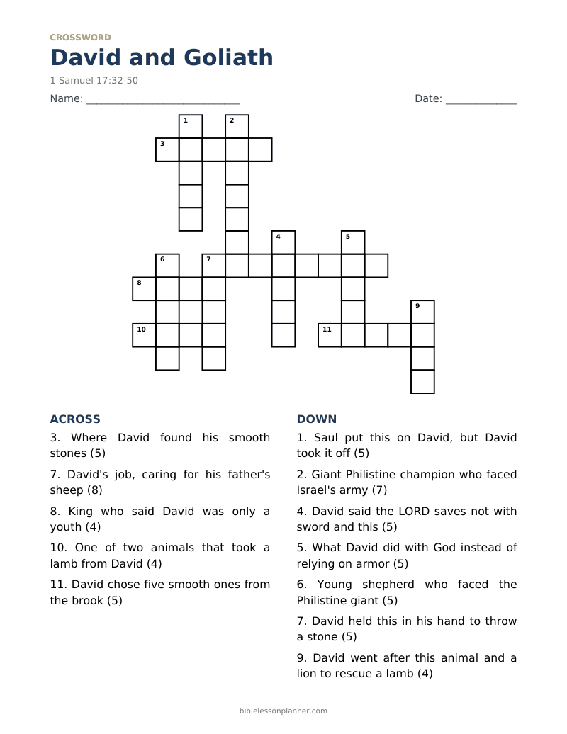 David and Goliath Bible crossword puzzle to print, with across and down clues