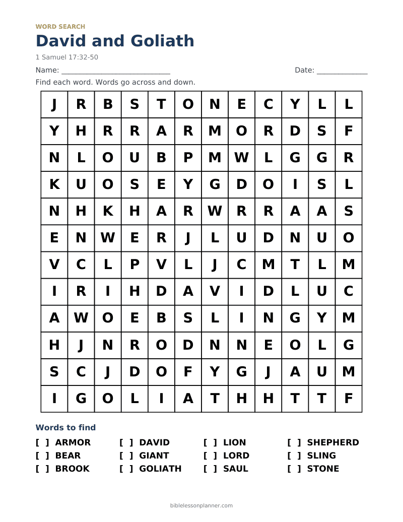 David and Goliath Bible word search to print, with words like ARMOR, BEAR, BROOK and more
