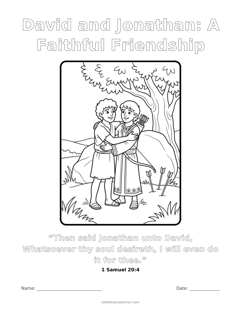 David and Jonathan: A Faithful Friendship coloring page to print, with the memory verse 1 Samuel 20:4