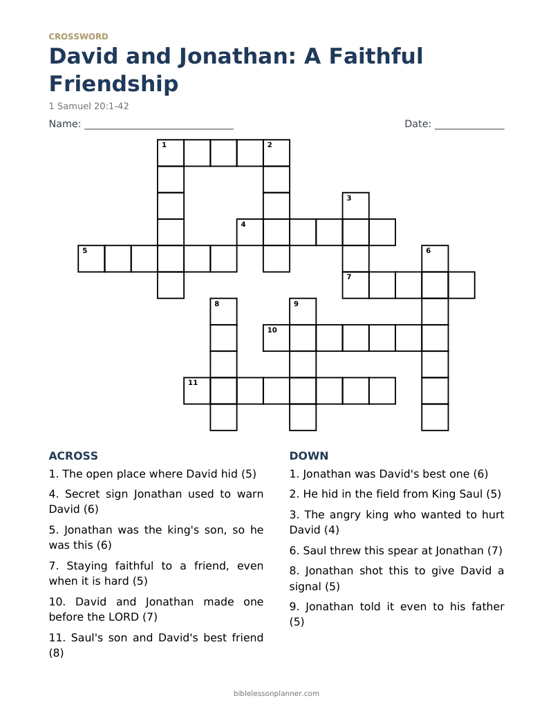 David and Jonathan: A Faithful Friendship Bible crossword puzzle to print, with across and down clues