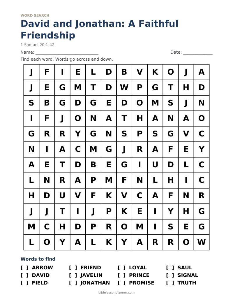 David and Jonathan: A Faithful Friendship Bible word search to print, with words like ARROW, DAVID, FIELD and more