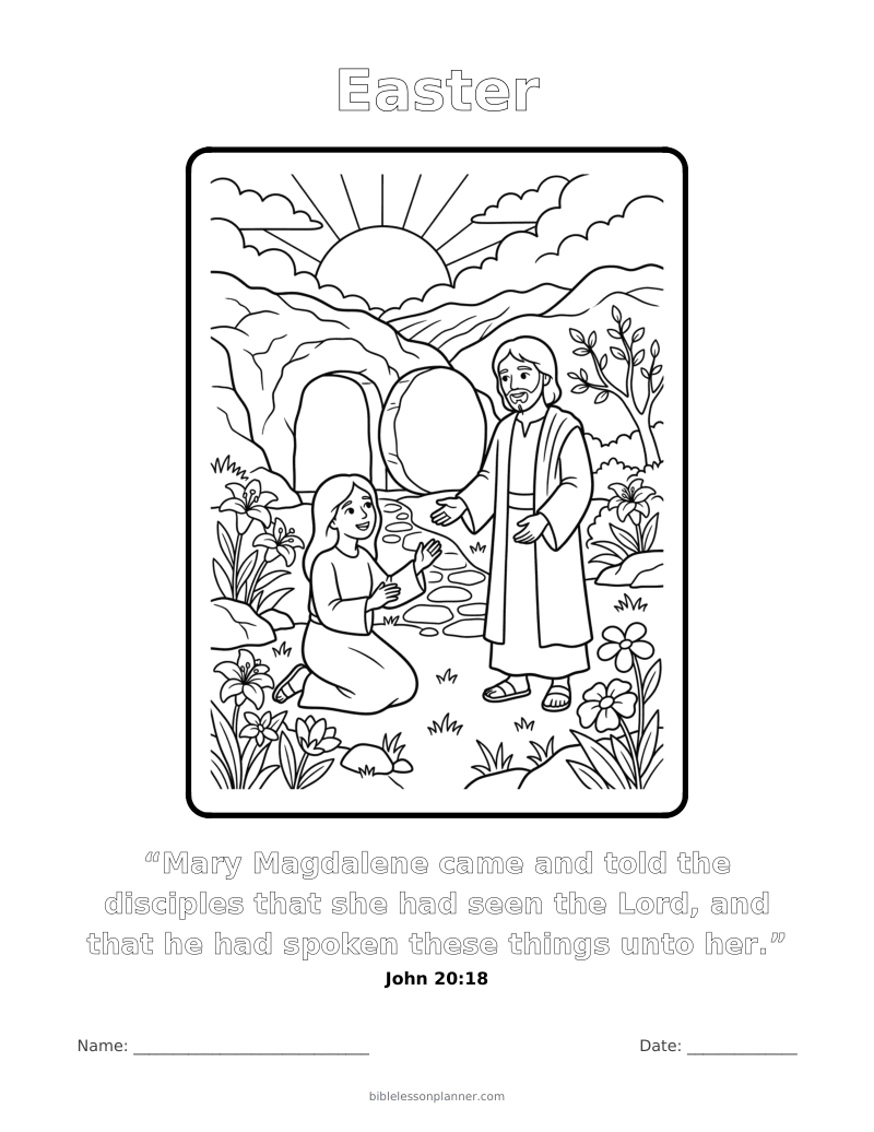 Easter coloring page to print, with the memory verse John 20:18