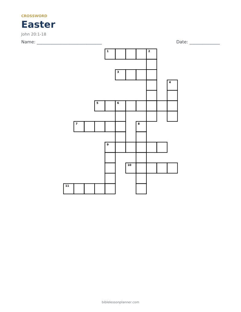 Easter Bible crossword puzzle to print, with across and down clues