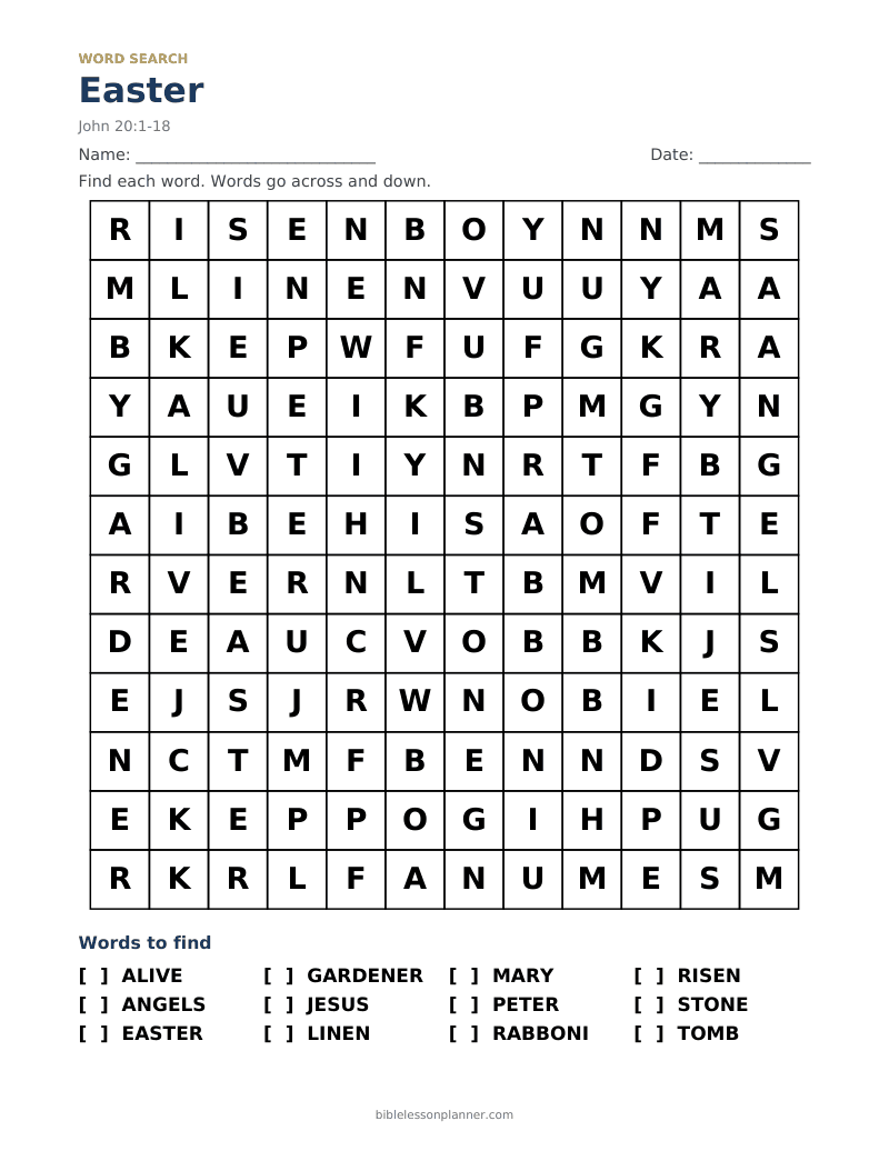 Easter Bible word search to print, with words like ALIVE, ANGELS, EASTER and more