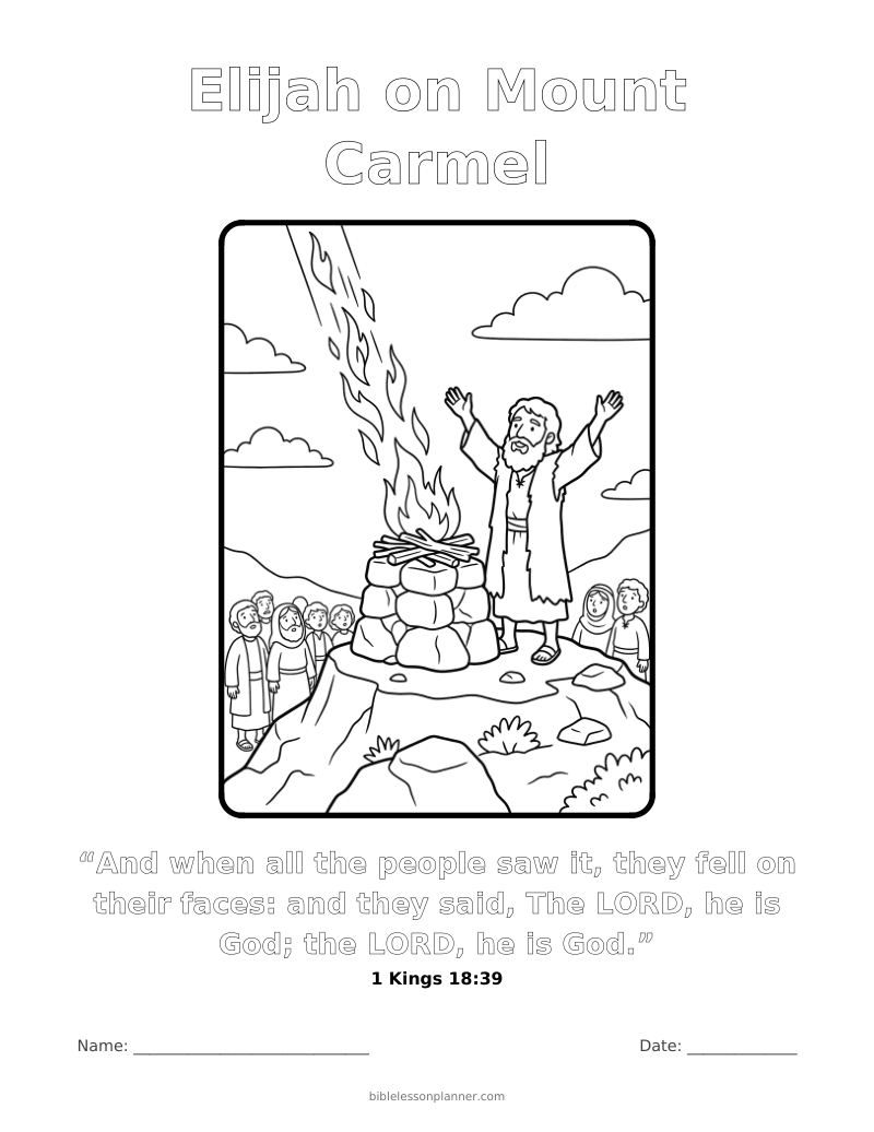 Elijah on Mount Carmel coloring page to print, with the memory verse 1 Kings 18:39