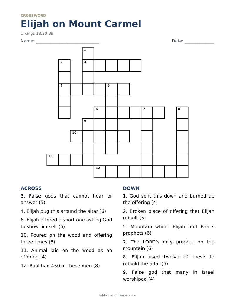 Elijah on Mount Carmel Bible crossword puzzle to print, with across and down clues