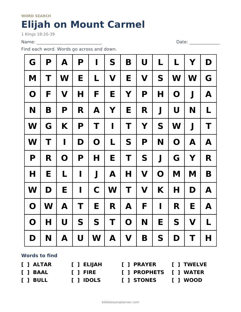 Elijah on Mount Carmel Bible word search to print, with words like ALTAR, BAAL, BULL and more