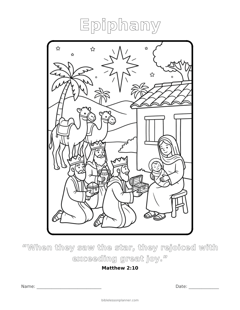 Epiphany coloring page to print, with the memory verse Matthew 2:10