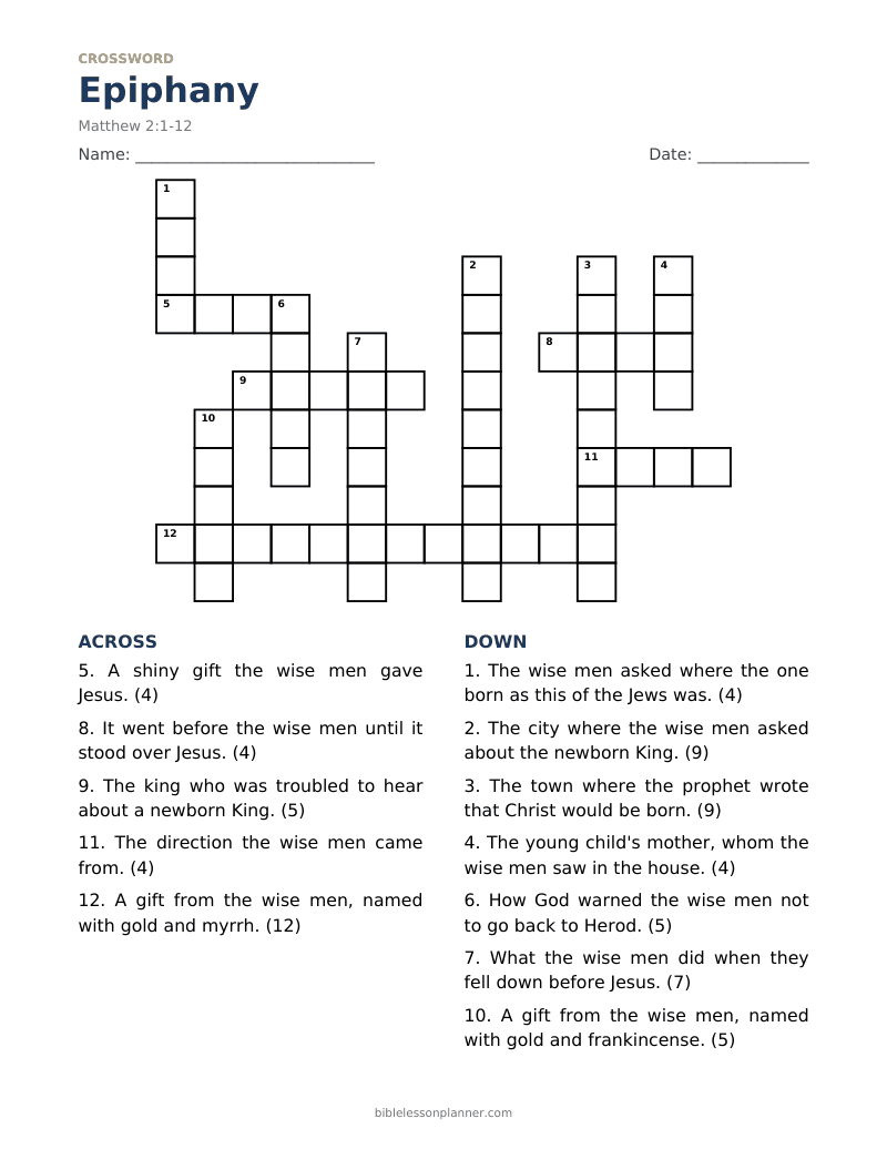 Epiphany Bible crossword puzzle to print, with across and down clues