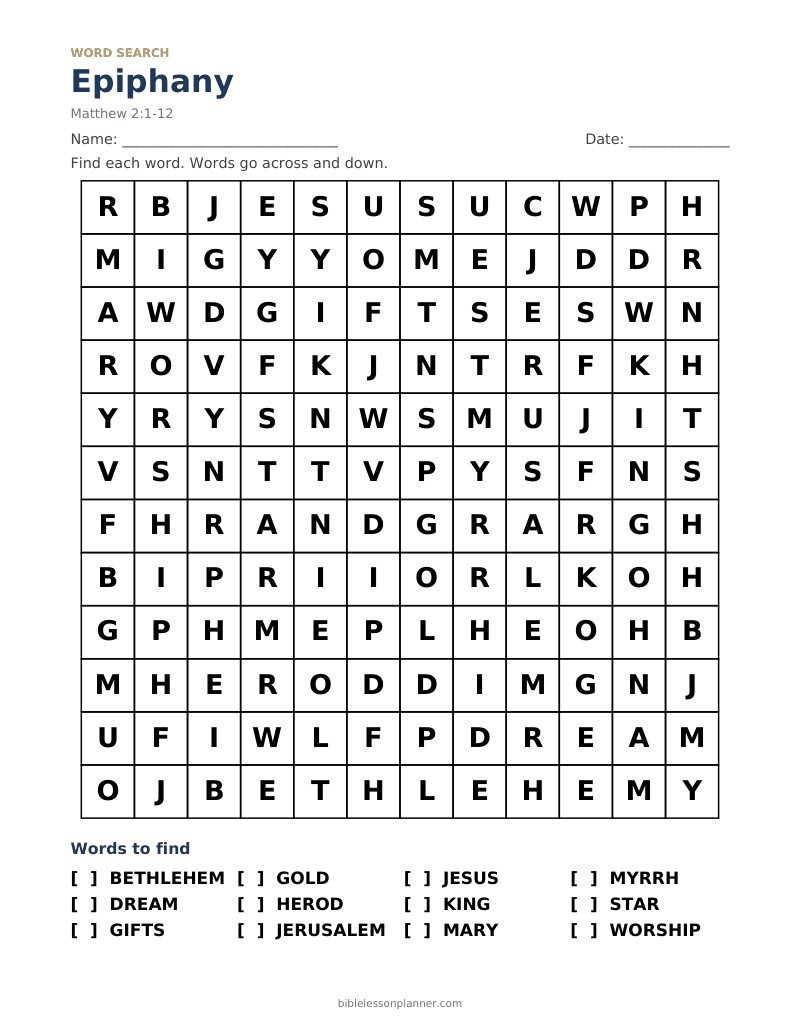 Epiphany Bible word search to print, with words like BETHLEHEM, DREAM, GIFTS and more