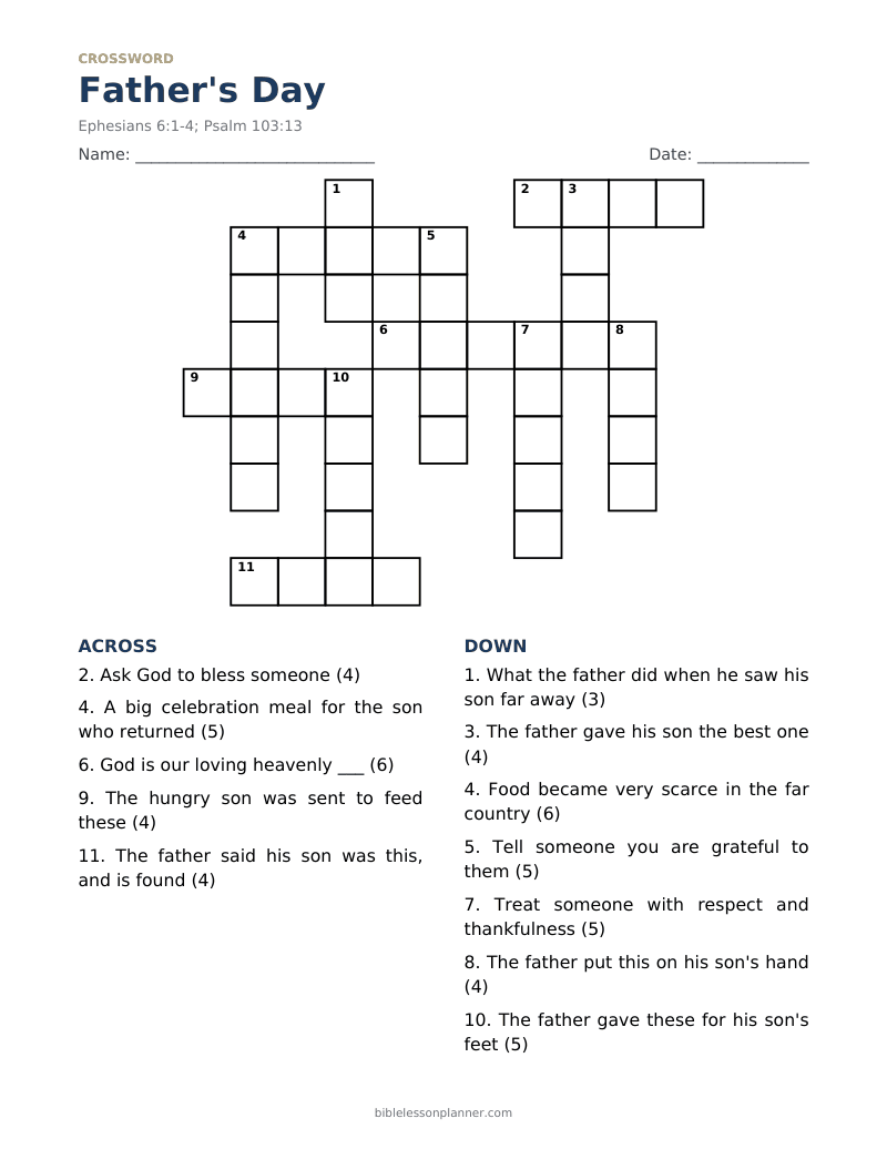 Father's Day Bible crossword puzzle to print, with across and down clues