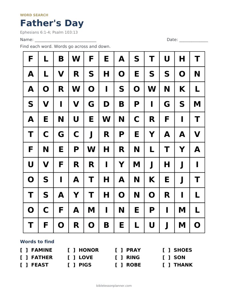 Father's Day Bible word search to print, with words like FAMINE, FATHER, FEAST and more
