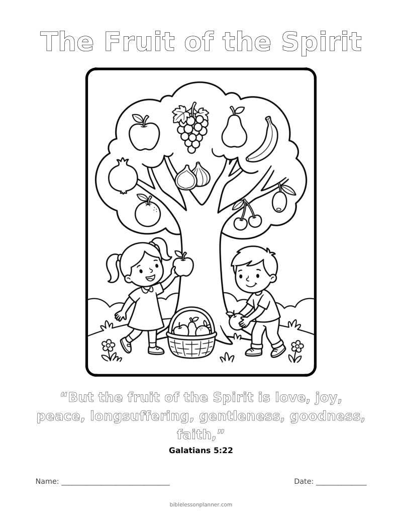 The Fruit of the Spirit coloring page to print, with the memory verse Galatians 5:22