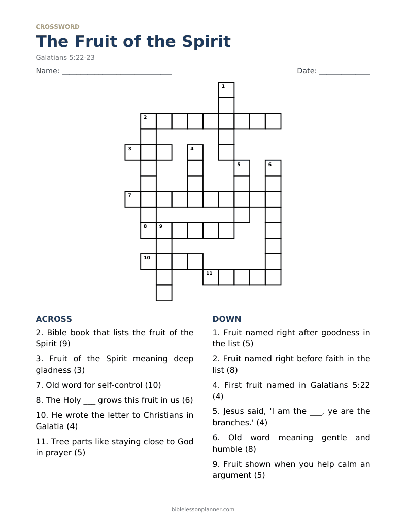 The Fruit of the Spirit Bible crossword puzzle to print, with across and down clues
