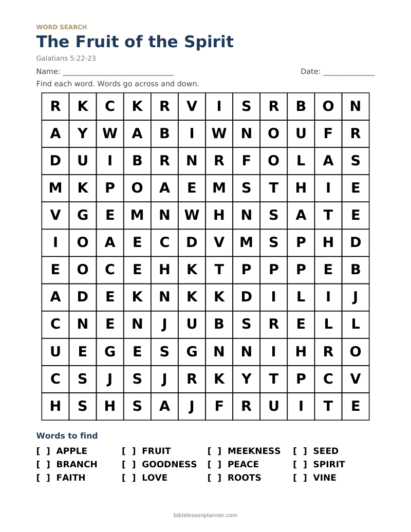 The Fruit of the Spirit Bible word search to print, with words like APPLE, BRANCH, FAITH and more