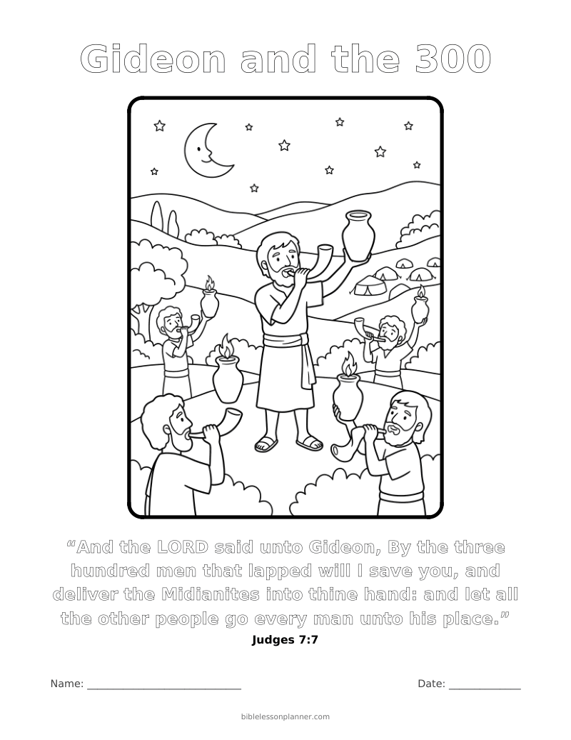 Gideon and the 300 coloring page to print, with the memory verse Judges 7:7