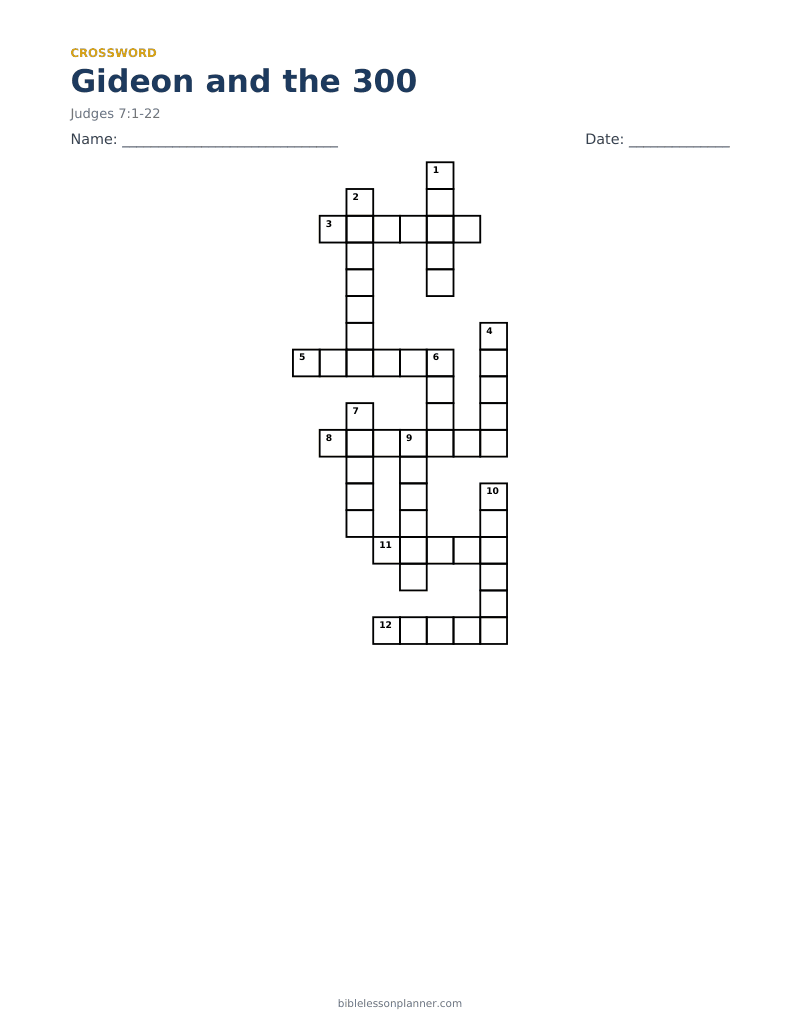 Gideon and the 300 Bible crossword puzzle to print, with across and down clues