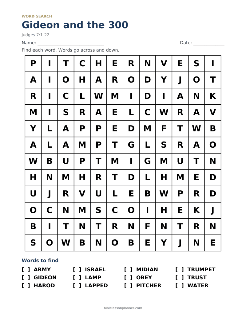 Gideon and the 300 Bible word search to print, with words like ARMY, GIDEON, HAROD and more
